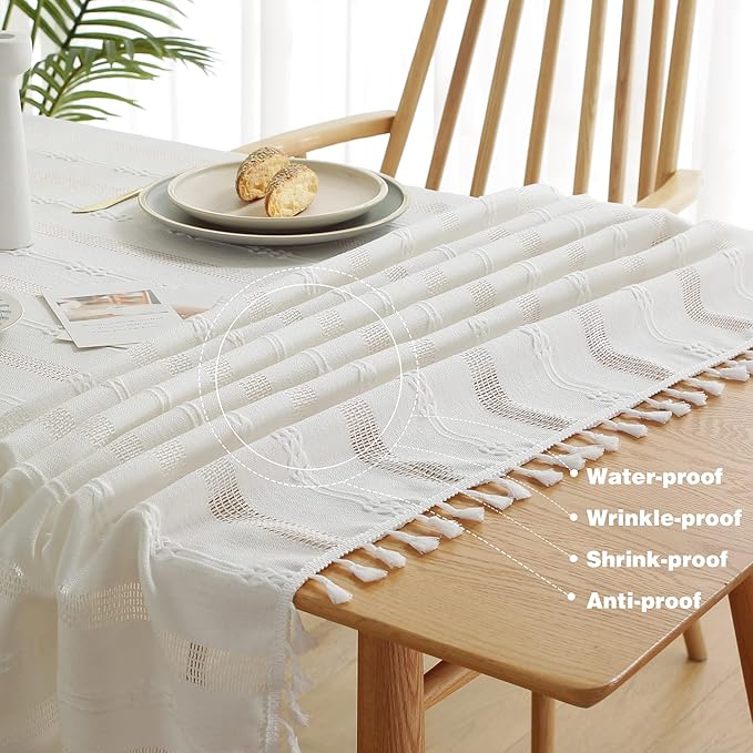 Pahajim Striped Tablecloth Rectangle with Tassels Thick Linen Cotton Table Cloth for Outdoor Picnic Dining and Holiday Kitchen Decor Rectangle/Oblong,55''x118'', 10-12 Seats
