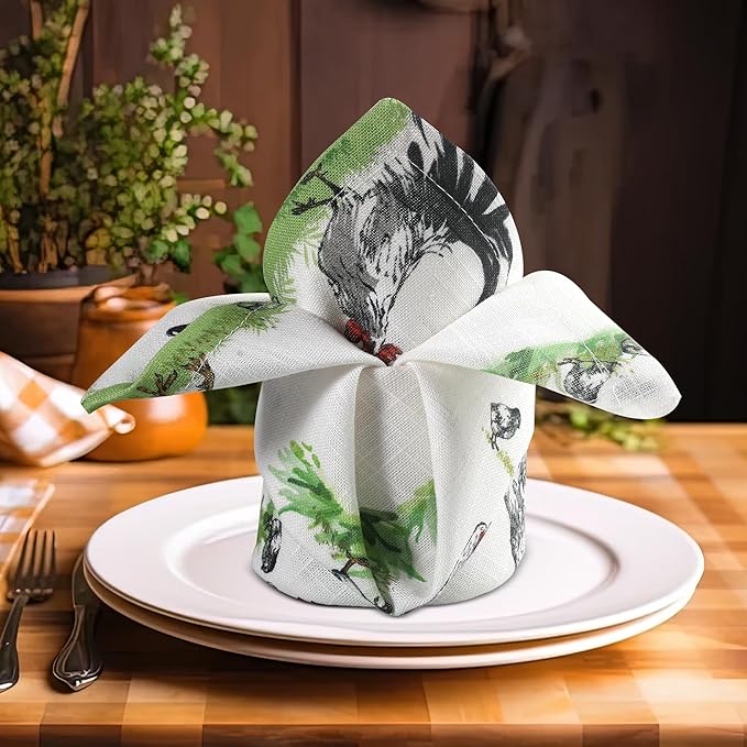 Vintage Vista Cotton Cloth Napkins Set of 4 (17" x 17") - Digital Printed Table Napkins Cloth Washable & Reusable for Everyday Use, Christmas, Thanksgiving, Halloween & More - (Green Chicken)