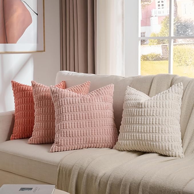 Fancy Homi 4 Packs Boho Blush Pink Euro Decorative Throw Pillow Covers 26x26 Inch for Living Room Bed, Soft Plush Striped Corduroy Square Light Pink Coral Peach Cream Colorful Cushion Case 66x66 cm
