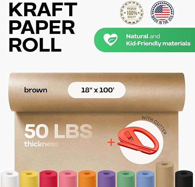 Brown Kraft Paper Roll 18" x 1200" (100 feet) with Cutter - USA-Made Gift Wrapping Paper for Packing, Moving, Shipping & Crafts/Arts - 100% Recyclable Natural Craft Material by IDL Packaging