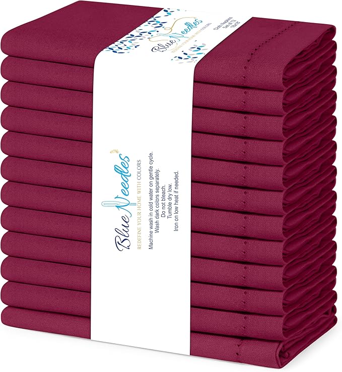 Blue Needles Set of 12 Hemstitch Linen Napkins 100% Cotton Burgundy Cloth Dinner Napkins 18x18 inches, Soft, Reusable, Absorbent, Washable, Ideal for Wedding Events, Parties & Everyday Use