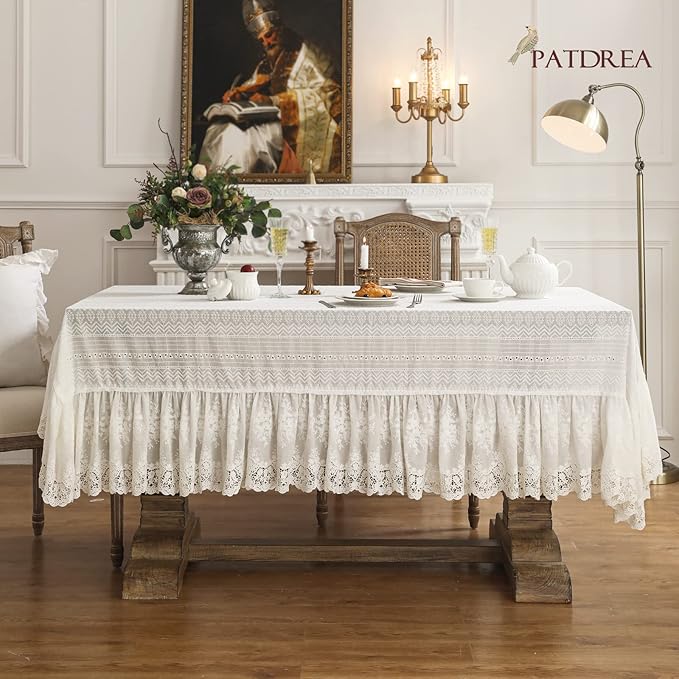 patdrea Vintage White Lace Tablecloth,Design Embroidered Cotton Ruffle Table Cloth for Square Table,Elegant Rustic Fabric Decorations for Wedding Party Thanksgiving Christmas,63"*63"