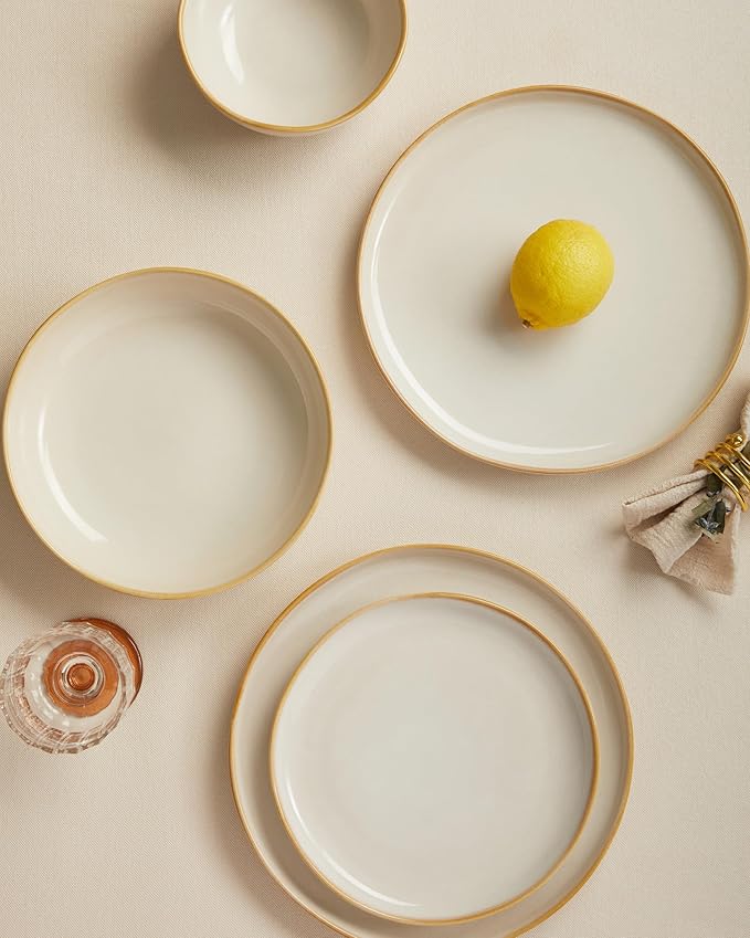Ceramic Plates and Bowls Set, Everyday Dinnerware Set for 4, Wavy Rim Kitchen Dish Set, Chip Resistant Dishware Sets, Dishwasher Safe Dinner Set, Designed for Simple Meals, Yellow White
