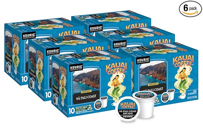 Kauai Coffee K-Cup Pods for Keurig Brewers – Arabica Coffee, 10% Hawaiian – Dark Roast, Nutty with Sweet Chocolate Overtones – Na Pali Coast, 6 Packs of 10 Single Serve K-Cups