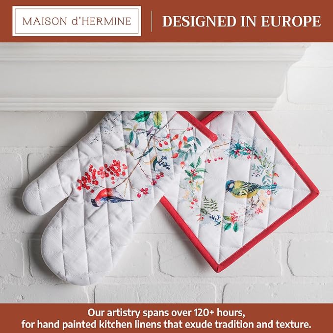 Maison d' Hermine 100% Cotton Oven Mitt & Pot Holder Set (7.5"x13" & 8"x8") Heat Resistant BBQ Cooking Gloves with Loop for Thanksgiving Christmas Decorations Handling Hot Pans (Morzine)