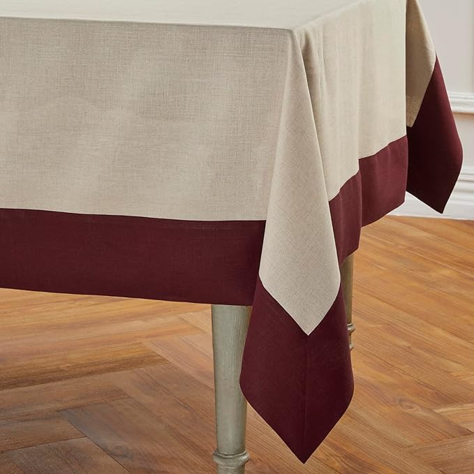 Solino Home Linen Tablecloth 60 x 108 Inch - 100% Pure Linen Burgundy and Natural Rectangular Tablecloth - Machine Washable Table Cloth for Valentines, Winter - Contempo