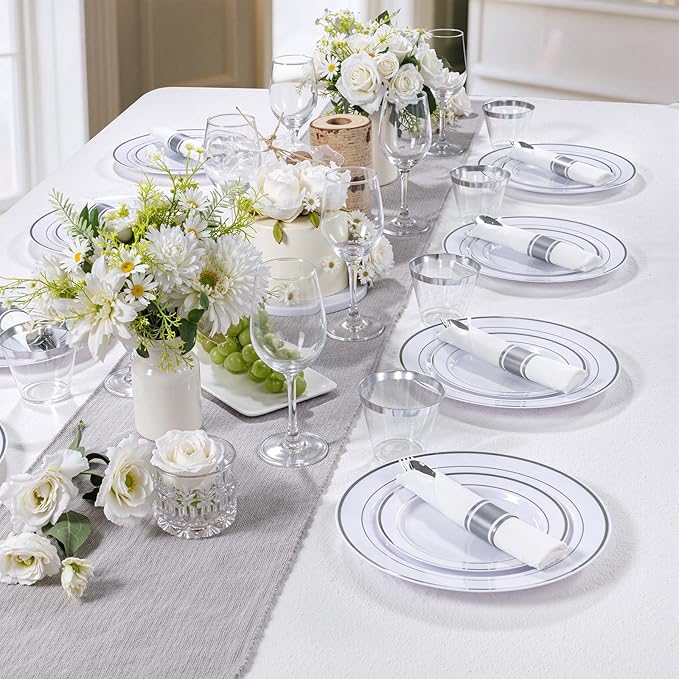DaYammi 210PCS Silver Plastic Dinnerware Set for 30 Guests, Fancy Disposable Plates for Party, Include: 30 Dinner Plates, 30 Dessert Plates, 30 Pre Rolled Napkins with Silver Silverware, 30 Cups