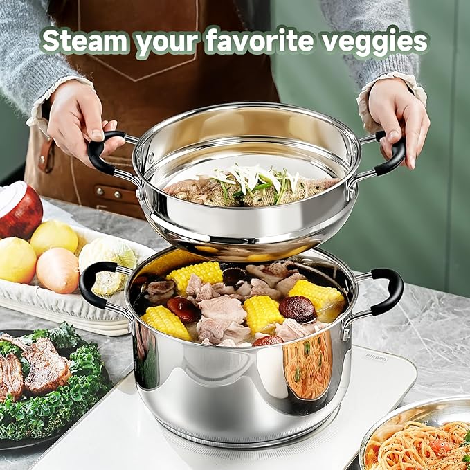 Stainless Steel Kitchen Cookware Set,11 Piece Pots and Pans Set with Steamer,Heat-resistant Handle,Non-Toxic,Induction,Oven,Dishwasher Safe