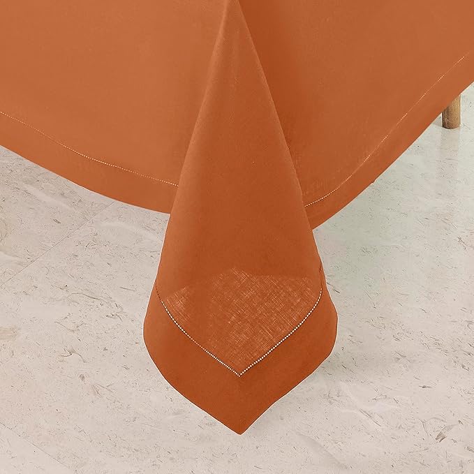 D'Moksha Homes Rust Linen Tablecloth for Rectangle Tables 60 x 102 Inch - Classic Hemstitch 100% Pure Linen Rust Table Cloth - Machine Washable Dining Tablecloth for Spring, Easter
