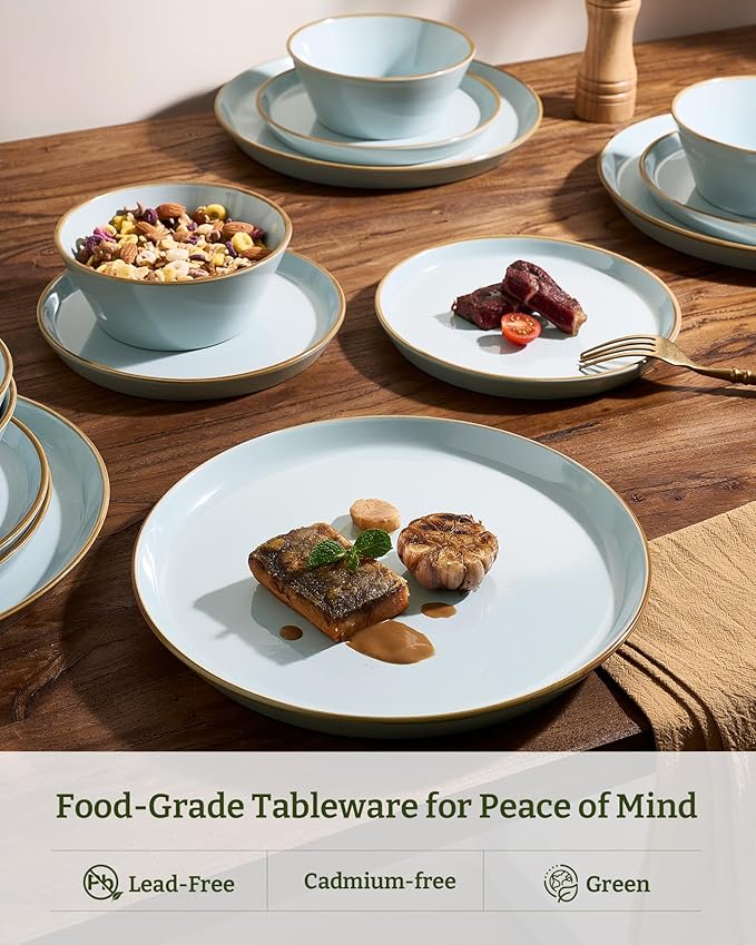 Famiware Saturn Stoneware Dinnerware Sets for 8 (24 Pieces), Ceramic Plates and Bowls Dish Sets with Hand-Painted Trim - Chip & Scratch Resistant, Microwave & Dishwasher Safe Tableware, Light Blue