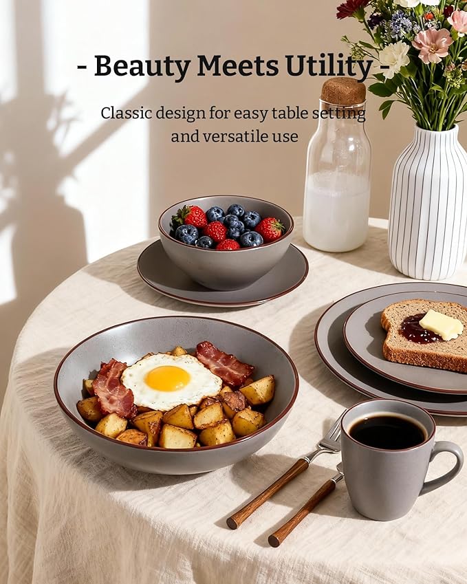 Famiware Venus Speckled Dinnerware Set with Pasta Bowls, Service for 6 (24 Pieces), Stoneware Plates and Double Bowls Sets, Microwave & Dishwasher-Safe Dishes with Trim, Matte Dark Grey