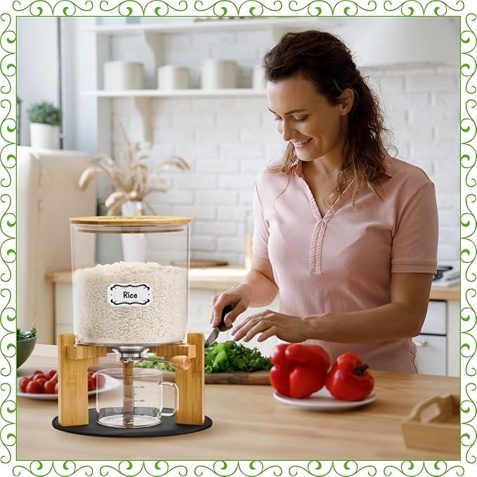 Glass Rice Dispenser 10 lbs, with Airtight Lid & Labels & Slider mat. Make your glass rice container Glass AND Bamboo rice container! Best 5L capacity grain dispenser and rice holder