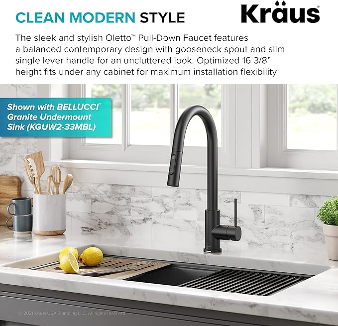 KRAUS Oletto Contemporary Single-Handle Touch Kitchen Sink Faucet with Pull Down Sprayer in Matte Black, KTF-3104MB