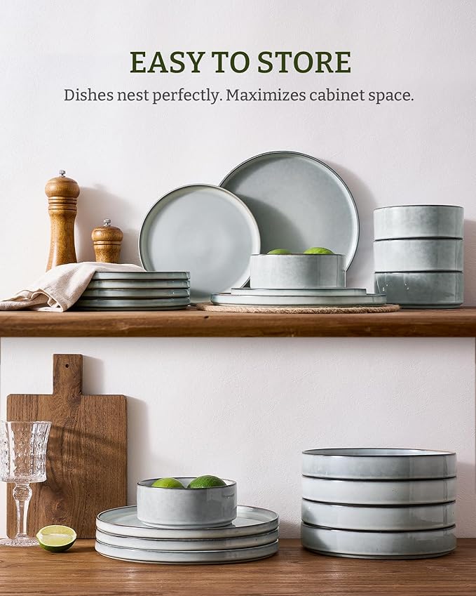 Famiware Annecy Plates and Bowls Sets, 12 Pieces Dinnerware Sets, Microwave and Dishwasher Safe Dishes Set for 4, Chip and Scratch Resistant, Grey-Blue