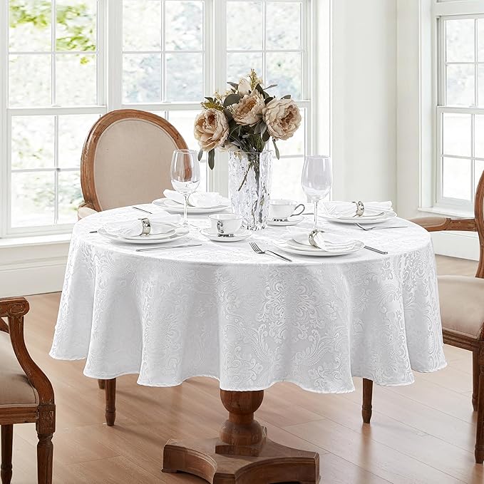 Elrene Home Fashions Caiden Elegance Damask Waterproof, Stain & Wrinkle Resistant Fabric Tablecloth, 70" Round, White