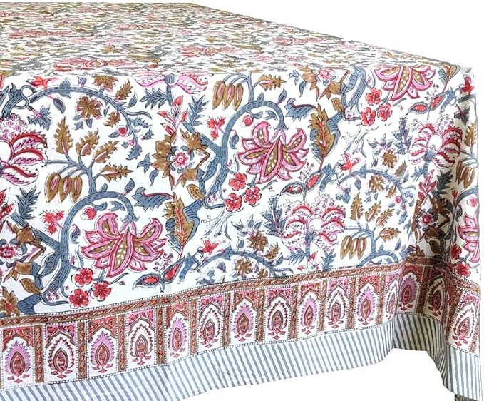 ATOSII Eden 100% Cotton Tablecloth, Handblock Floral Print Square Linen for Kitchen I Dining Table I Parties Wedding Christmas Thanksgiving Outdoors I Spring Summer Decor 60 X 60 Inches I 4 Seater