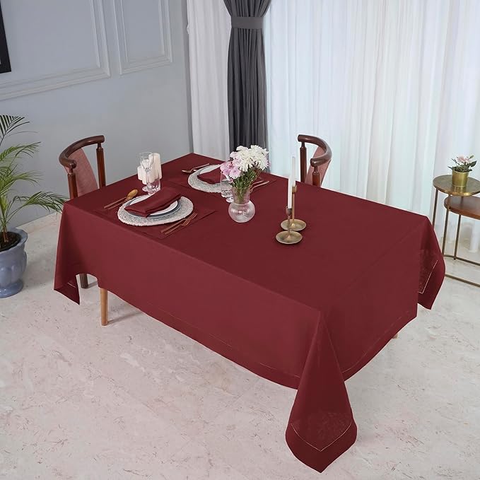D'Moksha Homes Dark Red Linen Tablecloth 60 x 120 Inch - 100% Pure Linen Hemstitch Tablecloth for Rectangle Tables - Classic Hemstitch, Machine Washable Table Cloth for Valentines, Spring