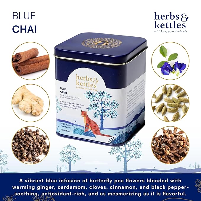Herbs & Kettles Blue Chai – Caffeine-Free Herbal Chai Blend with Butterfly Pea Flower from India & Southeast Asia | Polyphenol-Rich Spices, Natural Vibrant Color | 12 Compostable Tea Bags