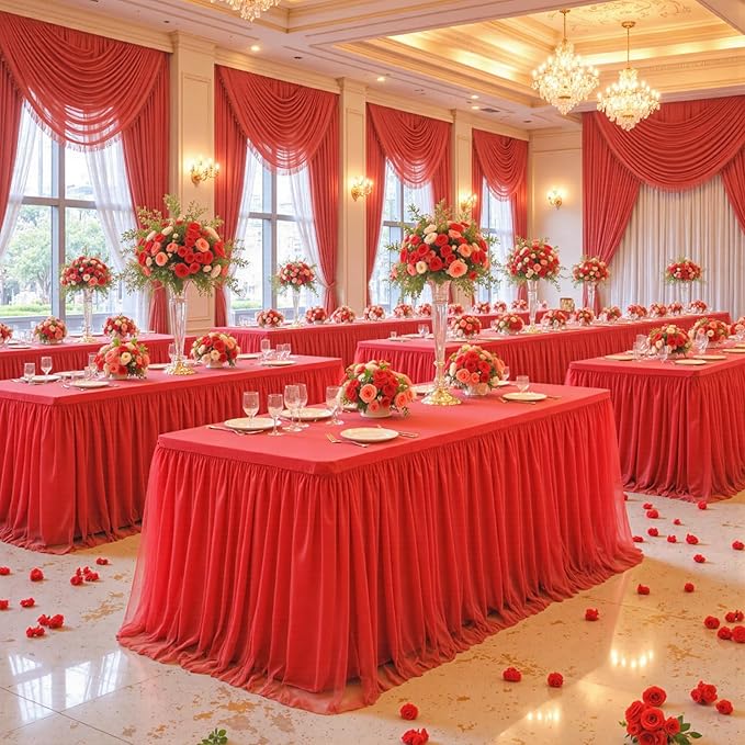 Suppromo Red Tulle Tablecloth for 8 Foot Rectangular Table 8ft Red able Cloths Rectangle Wrinkle Free Table Cover with Tutu Skirt for Wedding Birthday Party Baby Shower Banquet Buffet Cake Event