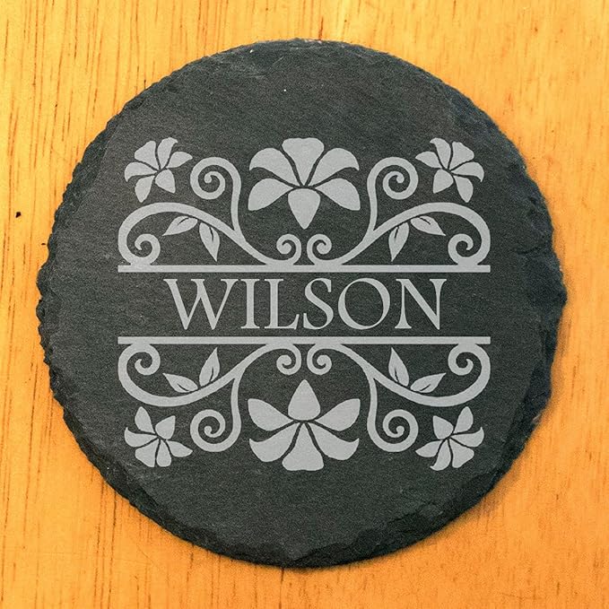 Personalized Monogram Family Coasters, Natural Stone Set, Birthday, Wedding, Customized, Rustic - Round Slate - Set of 6