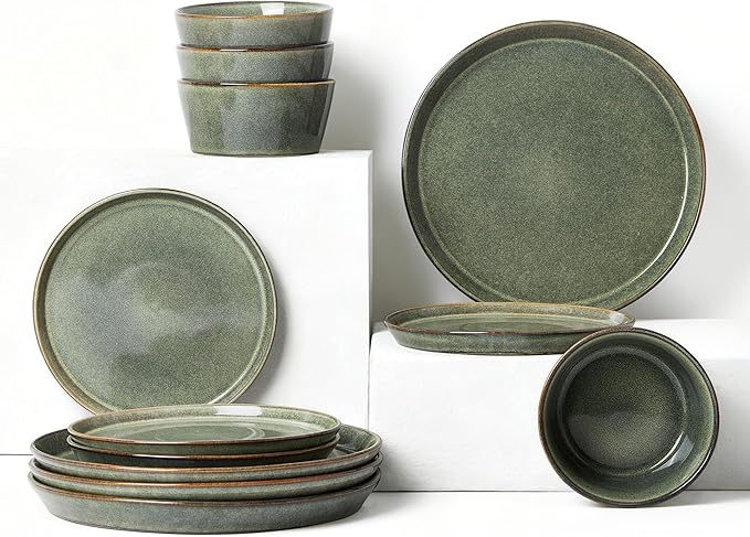 Dinnerware Sets, Microwave Safe Plates and Bowls Sets, Dishes Set for 4, Chip & Scratch Resistant Dinner Set, Reactive Glazed Farmhouse Dishware Sets, Green Wheat