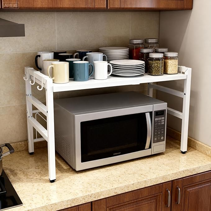 Microwave Oven Rack, Microwave Shelf Expandable Microwave Stand Countertop Kitchen Utensils, Bakers Rack, Carbon Steel Over Microwave Shelf Countertop with 6 Hooks (White, 2 Tier)