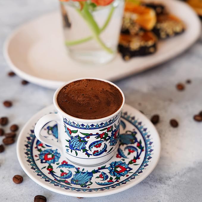 Turkish Coffee Cup Set of 6 with Saucers & Holder – Ceramic, Dishwasher-Safe, Keeps Warm – Patterned Turkish Espresso Cups Set for Home & Office (Set Of 6)