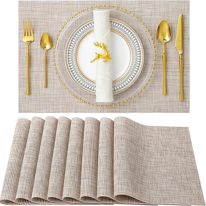 Placemats Set of 8 Heat- PVC Woven Stain Anti-Skid Table Mats Washable for Kitchen Table(Light Brown)