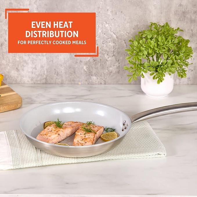 IMUSA 10” Stainless Steel Frying Pan with Gray Ceramic Non Stick Coating, 2 Ply Aluminum Construction, Oven Safe and Induction Compatible Skillet
