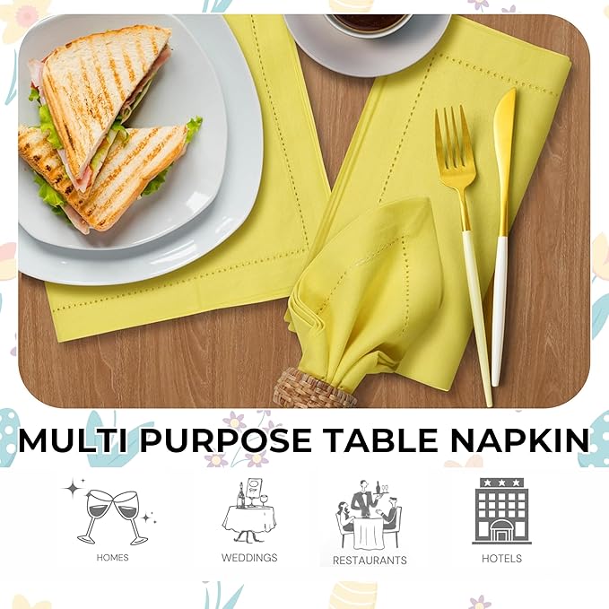 Homidate Hemstitched Cotton Cloth Dinner Napkins Set of 12 – 18x18 Golden Kiwi – Reusable Machine Washable Fabric Napkins for Weddings, Thanksgiving, Christmas & Events