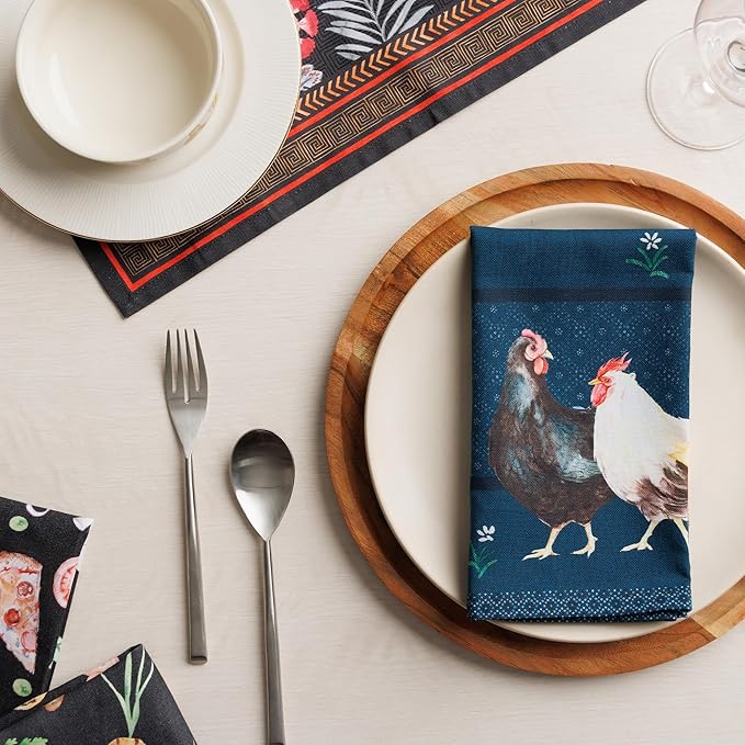 Maison d' Hermine Cloth Napkins Set of 4 100% Cotton Everyday Reusable Square Napkins Cloth Washable Dinner Party Wedding Restaurant Valentines Day Decorations Spring/Summer(Meadow Rooster, 18" x 18")