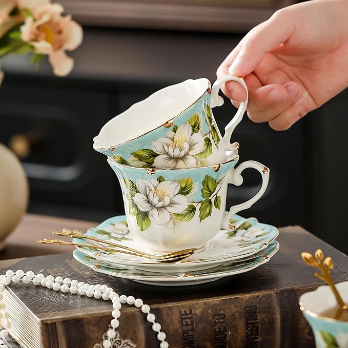 TATSUMI Country Roses 18 Peices Bone China Tea Cup And Saucer Set, English Vintage Tea Cups Of 6 For Women And Tea Party Sets(Light Green, 6 sets)