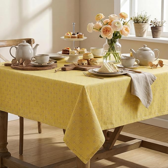 Horaldaily Yellow Rectangular Table Cloth, Cross-Star Solid Textured Embroidery Tablecloth, Wrinkle Free Washable 52×70 Inch Table Cover for Kitchen, Party, Wedding, Picnic, Outdoor