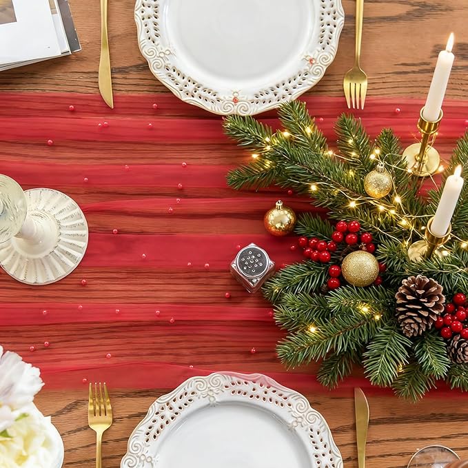 Artoid Mode Pearl Red Gauze Table Runner 59x120 Inch , Seasonal Sheer Kitchen Dining Holiday Wedding Birthday Baby Shower Table Decor for Home Party