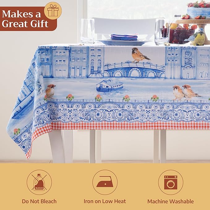 Maison d' Hermine Table Cloth Rectangle Table 100% Cotton 70 x 120 Inches Tablecloth Reusable Decorative for Dining Room Farmhouse Home Valentines Day Decorations Spring Summer - Amsterdam Canals