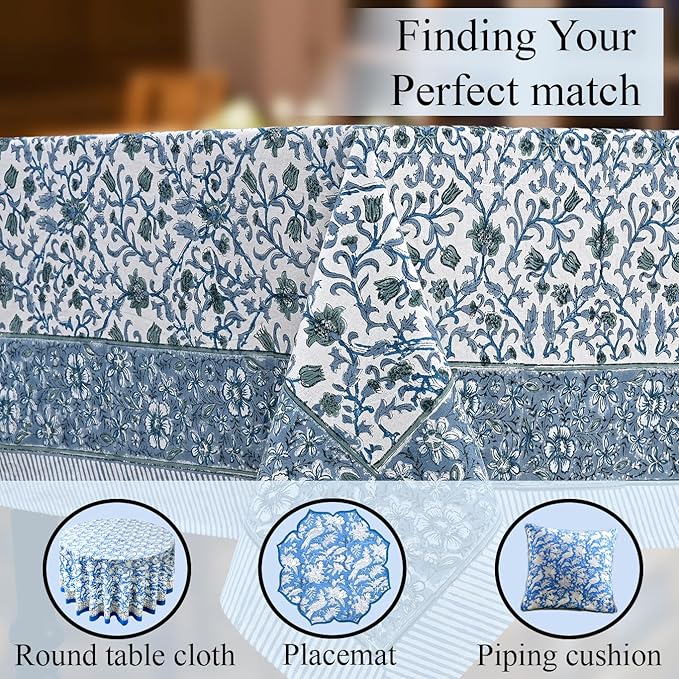 CPC Ocean Vine Tablecloth 100% Cotton 72x140 Inch Indian Block Print Rectangle Table Cover, Table Cloth for Gifting in Weddings, Halloween, Fall, Christmas, Thanksgiving