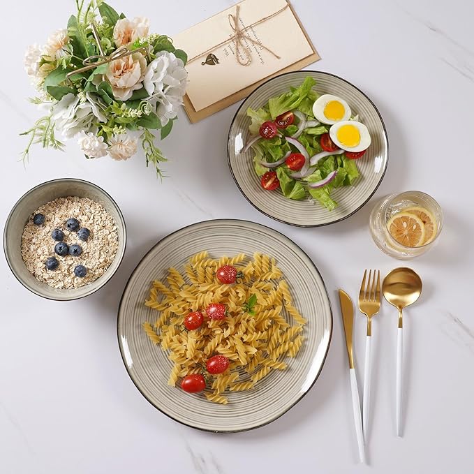 famiware Tempus Plates and Bowls Sets for 8, 24 Pieces Stoneware Dinnerware Sets, Dishes Set, Reactive Glaze Dishware Sets, Dishwasher & Microwave Safe - Castle Wall
