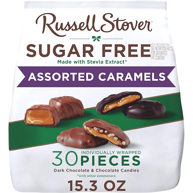 RUSSELL STOVER Sugarfree Assorted Caramels in Chocolate Candy, 15.3 oz. bag, 3 Pack