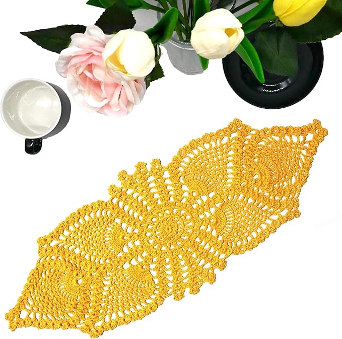 BIBITIME Crochet Lace Table Doilies Eyes Flower Doily Kitchen Vase Place Mats (Style02-Yellow, 7 in x 21 in,Pack of 1PC)