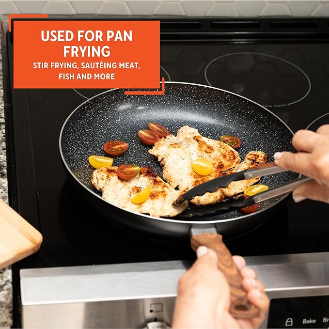 IMUSA 12-Inch Ceramic Nonstick Frying Pan – Black Speckled Aluminum Skillet with Wood-Style Handle, PFOA-Free – Healthy Non-Stick Cookware for All Stovetops