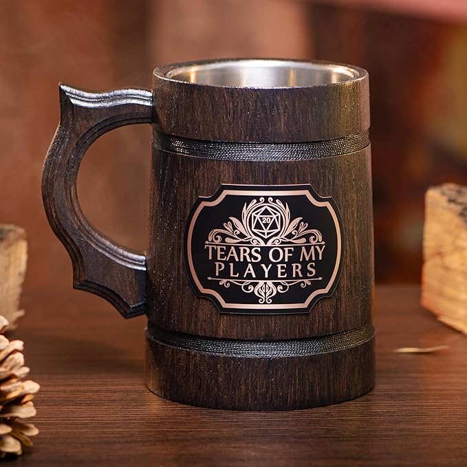 WoodwithMood Tears of My Players Mug for DnD Party Gifts, Oak Wood, 17oz, Dungeon Master Gift, Beer Stein, Anniversary, Christmas, Birthday Gifts for Him, Beer Tankard