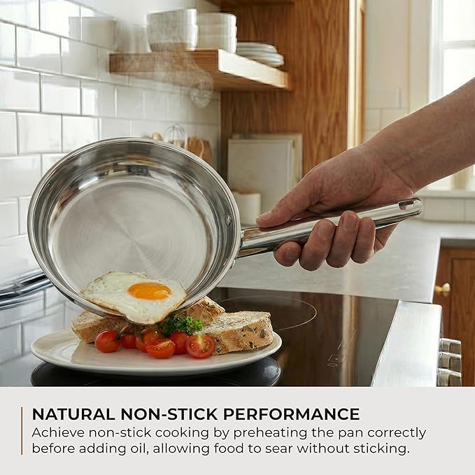 Sunhouse 8 Inch Tri-Ply Stainless Steel Frying Pan, Whole-Clad No Coatings Skillet with Stay-cool Handle for Cooking, Durable & Oven Safe to 500°F, Dishwasher Safe, Compatible with All Cooktops