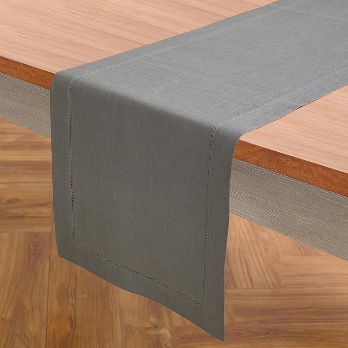Solino Home Linen Steel Gray Hemstitch Table Runner 36 Inches - 100% Pure Linen Small Table Runner 14 x 36 Inch Ideal for Dresser and Coffee Tables, Spring - Classic Hemstitch