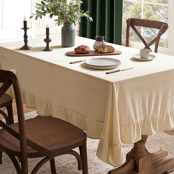 MIULEE Beige Velvet Table Cloth with Decorative Ruffle Edge Luxurious Soft Spring Washable Rectangular Tablecloth Thick Wrinkle-Resistant Oblong Table Cover for Kitchen Dining Wedding 60x120 Inch