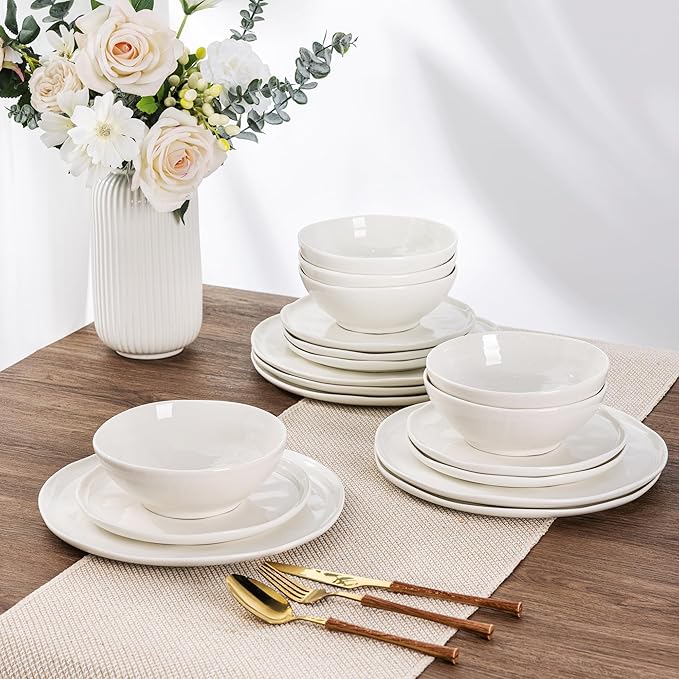 LERATIO Ceramic Dinnerware Sets for 8,Porcelain Plates and Bowls Sets with Wavy Edge, Oven &Microwave & Dishwasher &Safe,Light Weight & Scratch Resistant Dishes Sets-Service for 8 (24pcs) Peal White