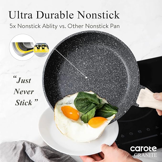 CAROTE 26Pcs Pots and Pans Set, Nonstick Cookware Sets, Granite Induction Cookware Non Stick Cooking Set w/Frying Pans & Saucepans(PFOS, PFOA Free)