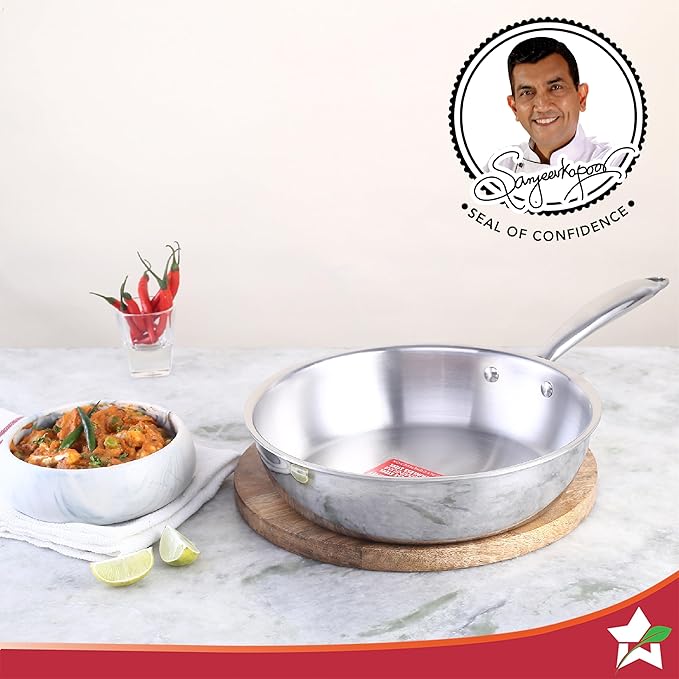 Wonderchef Nigella Tri-ply Stainless Steel 24 cm Fry Pan 2 litres 2.6mm Thickness with Induction Base Compatible with All cooktops Riveted Cool-Touch Handle 10 Year 20 cm Silver