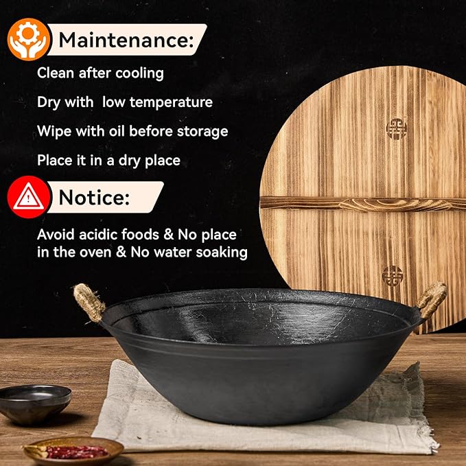 WANGYUANJI 13.4" Cast Iron Wok with Lid, Dual Handles - Flat Bottom Chinese Stir Fry Pan for Induction & Gas Stoves - Traditional Handcrafted Turtle Shell Texture, Uncoated & Non-Toxic