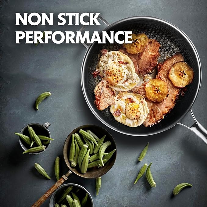 3-Piece Hybrid Stainless Steel Cookware Set-12 Inch Wok with Lid,10 Inch Frying Pan,12 Inch Skillet with Lid-Non Stick,PFOA Free,Dishwasher&Oven Safe,Induction Compatible,Cookware Set.