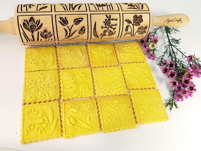 SPRING FLOWERS Embossing Rolling Pin with 16 Different Flowers in Squares. Dough and Clay Roller for Embossed Cookies and Pottery. Cookie and Ceramic Stamp. Baking Gifts for Women by Algis Crafts